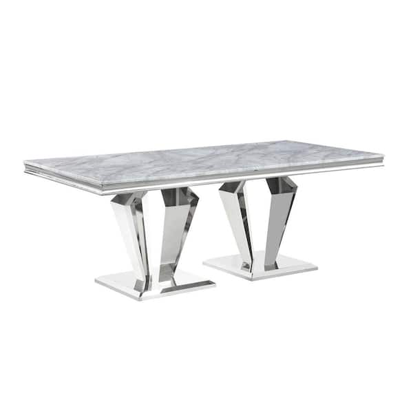 Best Master Furniture Crownie Silver Faux Marble 79 in. L Double Pedestal Rectangle Dining Table (Seats 6)