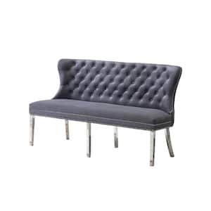 Alina Dark Gray Velvet Stainless Steel Leg Bench with Nail Head Trim and Tufted Buttons. 65 in. L x 25 in. W x 40 in. H