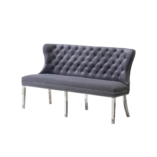 Best Quality Furniture Alina Dark Gray Velvet Stainless Steel Leg Bench with Nail Head Trim and Tufted Buttons. 65 in. L x 25 in. W x 40 in. H
