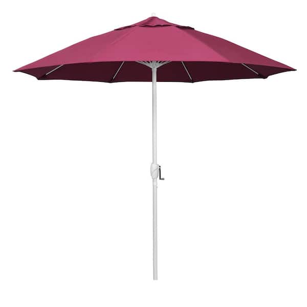 California Umbrella 9 ft. Matted White Aluminum Market Patio Umbrella Fiberglass Ribs and Auto Tilt in Hot Pink Sunbrella