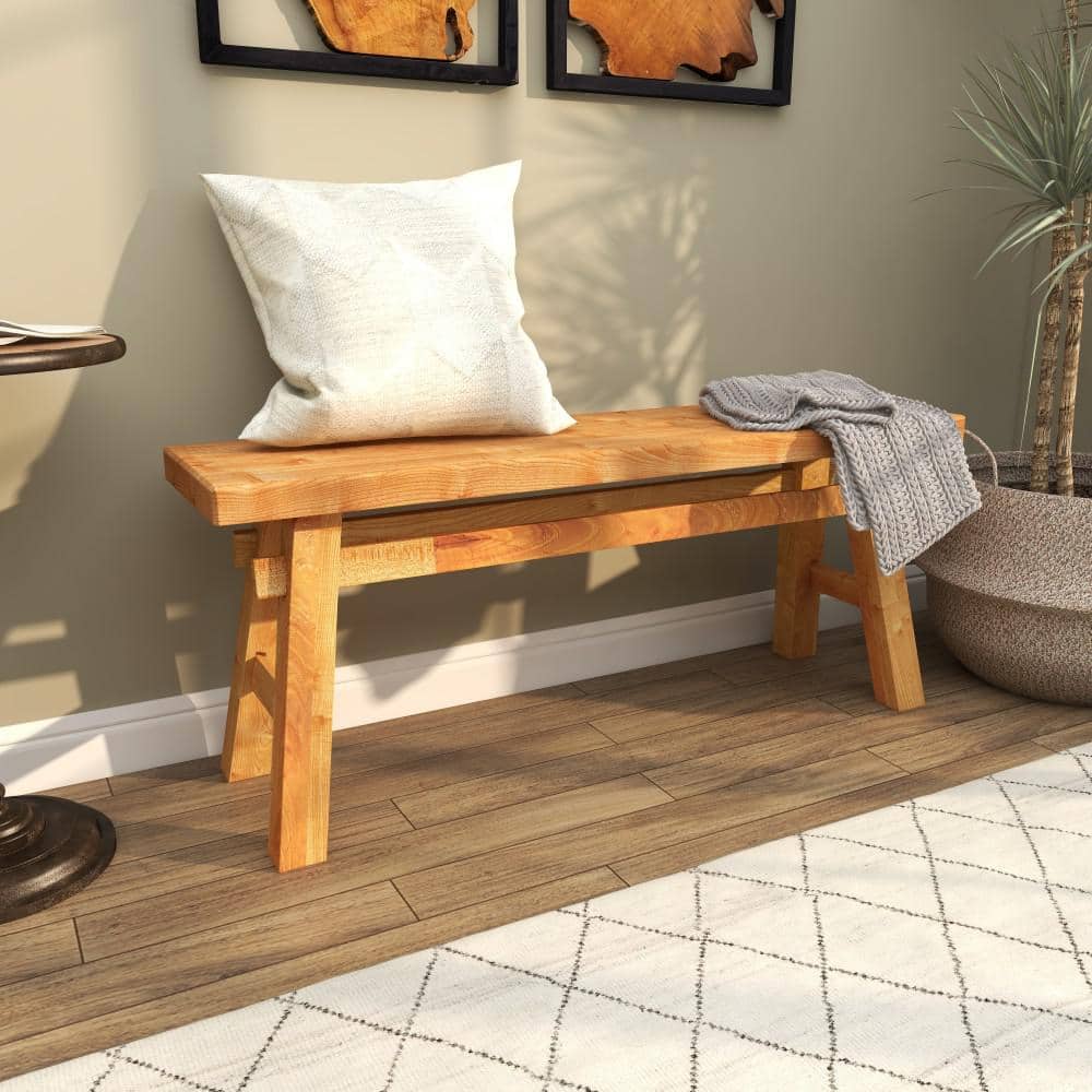 Rustic Trestle-Legged Pale Brown Wood Storage Bench