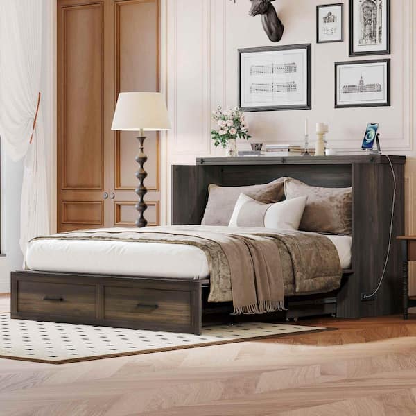 Gray Wood Frame Queen Size Murphy Bed with Charging Station, Large Storage Drawer