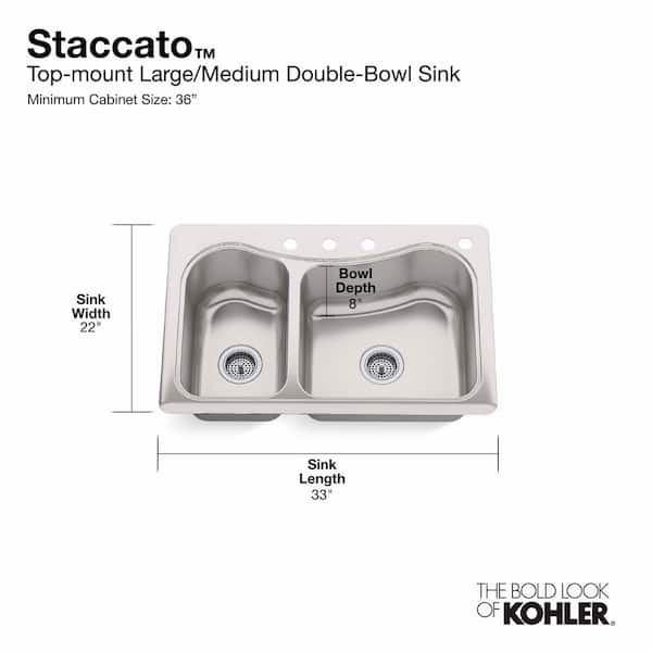 Staccato Drop-In Stainless Steel 33 in. 1-Hole Double Bowl Kitchen Sink with Hardwood Cutting Board