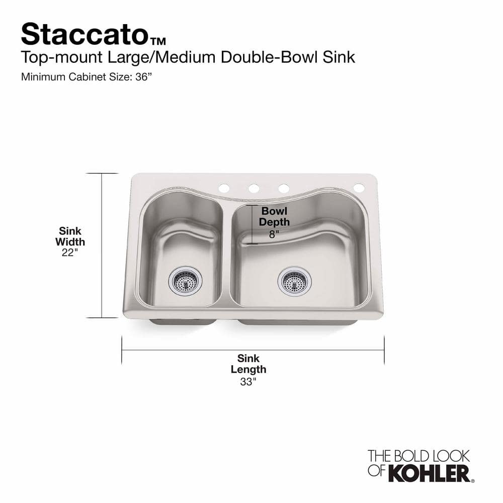 Staccato 33" Stainless Steel Double Bowl Drop-In Kitchen Sink