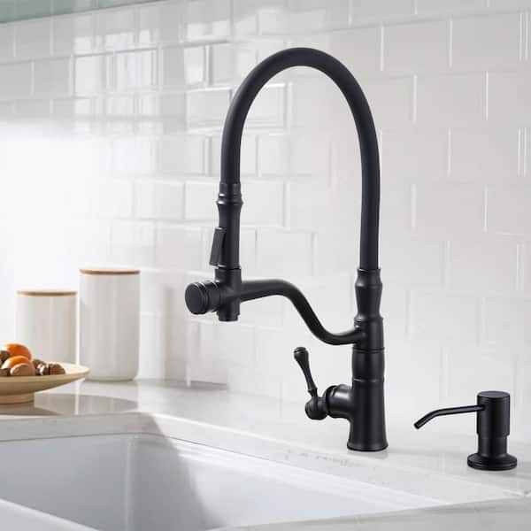 20.4 in. H Single Handle Brass Pull Down Sprayer Kitchen Faucet with 360° Swivel Spout and Soap Dispenser in Matte Black