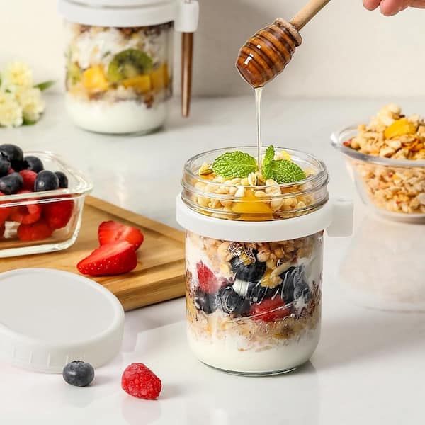Aoibox 6 Pack Overnight Oats Containers with Lids and Spoons, 16 oz. Glass Mason Overnight Oats Jars in White