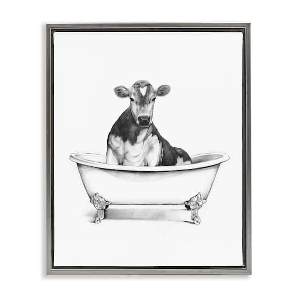Stupell Industries Antique Tub with Cow by Victoria Borges Gray Floater Frame Animal Graphic Art Print 21 in. x 17 in.