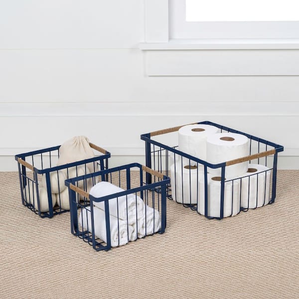 Henley Navy Blue 15 in. x 7.25 in. Handmade Wire Metal Nesting Storage Decorative Baskets with Handles Set of 3