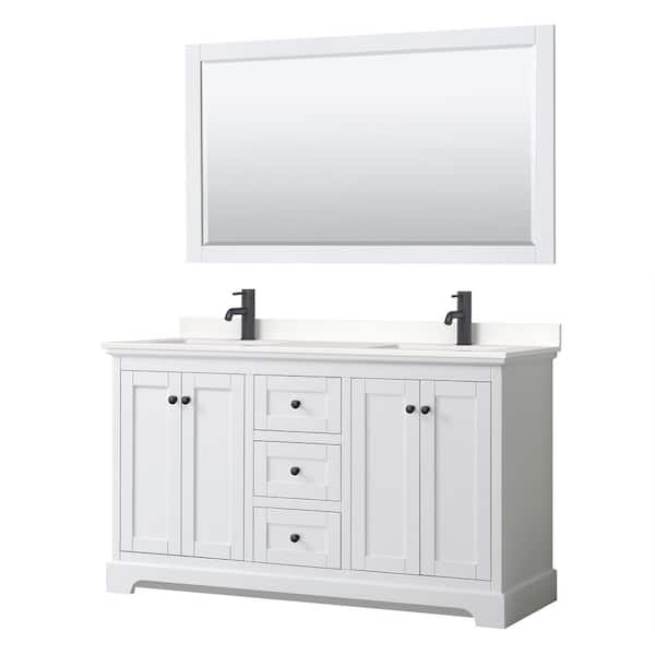 Wyndham Collection Avery 60 in. W x 22 in. D x 35 in. H Double Bath Vanity in White with White Quartz Top and 58 in. Mirror