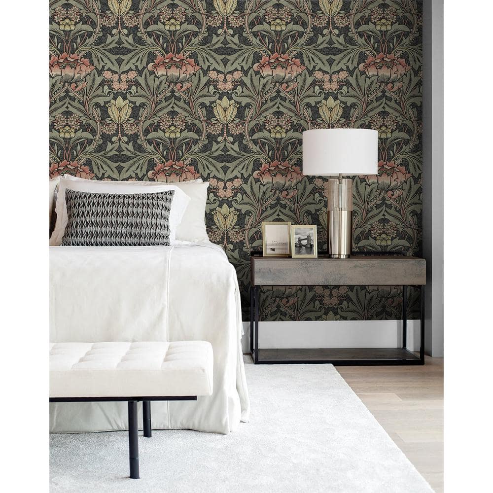 Charcoal and Rosewood Acanthus Floral Peel and Stick Wallpaper