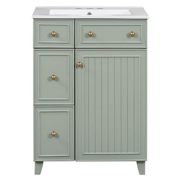 24 in. W Single Sink Freestanding Bath Vanity in Green with White Ceramic Top, 2 Drawers and 1 Door