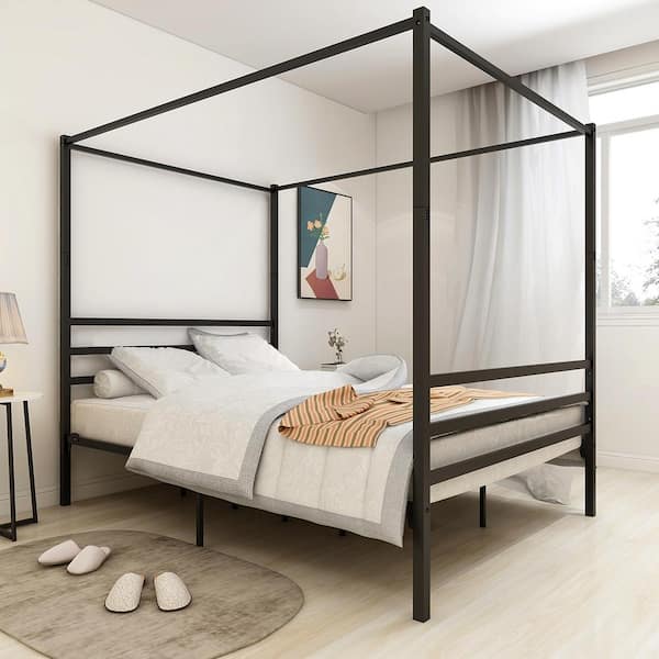 GODEER 83 in. W Black Metal Canopy Bed Frame, Platform Bed Frame Queen with Minimalism Style Frame