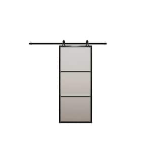 36 in. x 84 in. 3 Lite Tempered Frosted Glass Black Finished Solid Core Aluminum Barn Door Slab with Hardware Kit