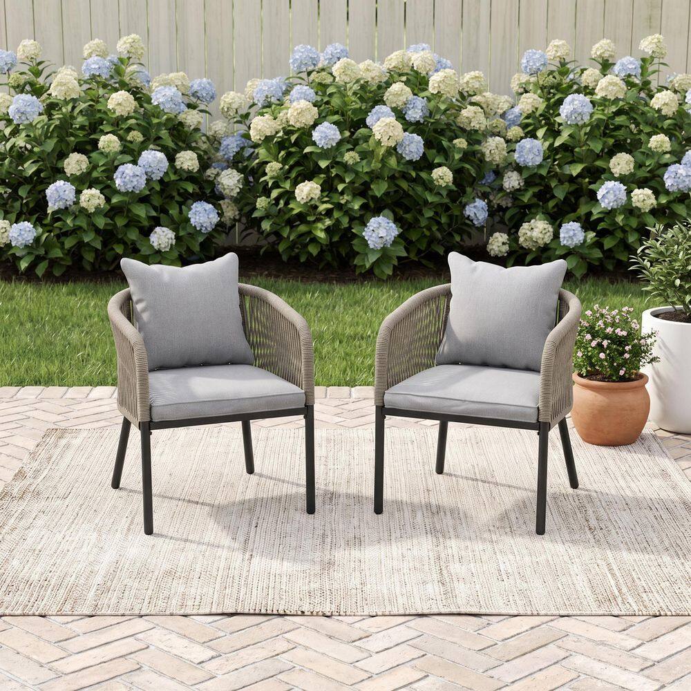 2-Piece Gray Wicker Outdoor Dining Chair with Gray Cushions, Patio Woven Rattan Chairs with All-Weather Metal Frame price history on PriceWatchPro