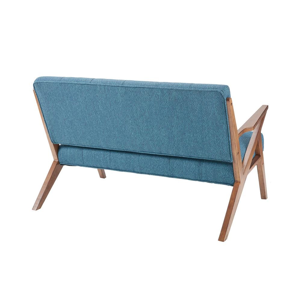 Mid-Century Modern Blue Tufted Fabric Loveseat with Wood Frame