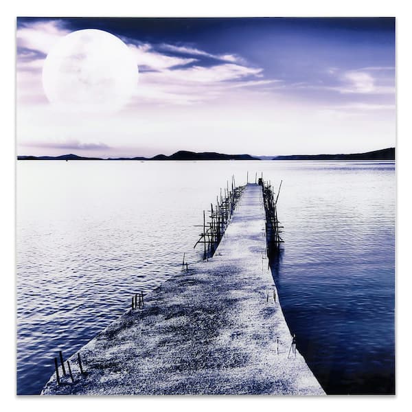 40in.x40in."Pier with Moon Rising" Frameless Free Floating Tempered Glass Panel Graphic Art