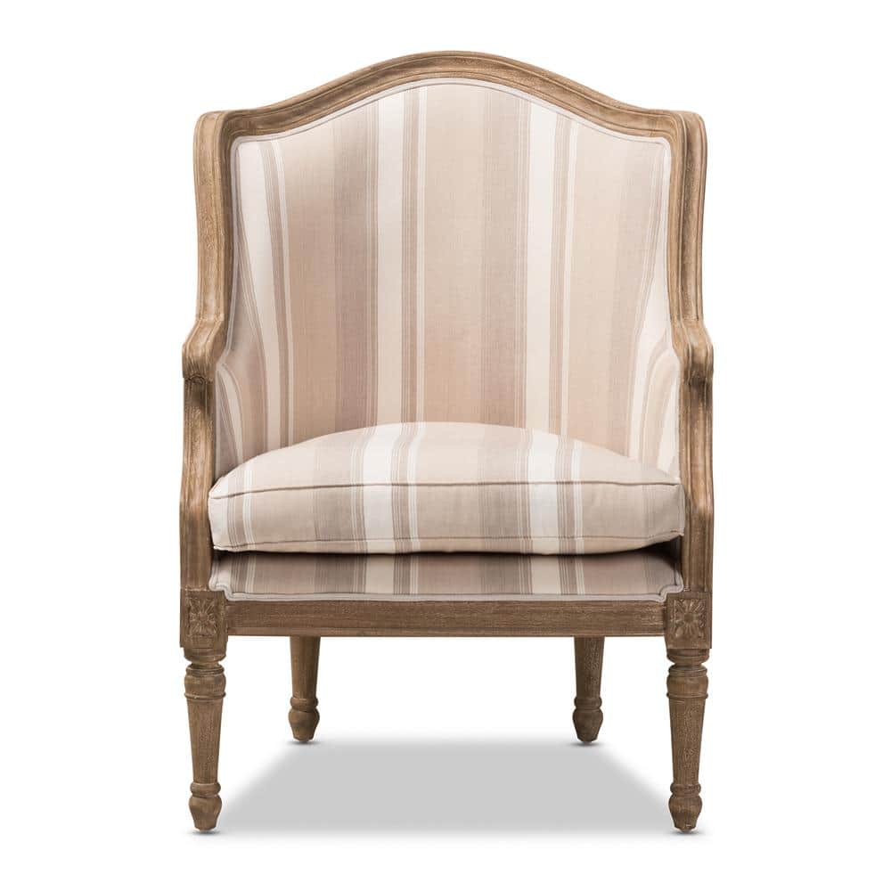 Classic French Oak Accent Chair with Brown Striped Cushion