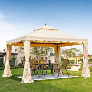 10 ft. x 12 ft. Beige Outdoor Canopy Gazebo, Double Roof Patio Gazebo with Netting and Shade Curtains