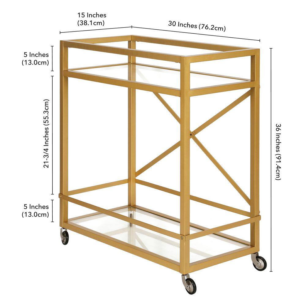 Modern Gold Metal 2-Tier Bar Cart with Glass Shelves and Storage