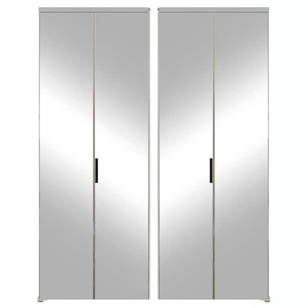 60 in. x 80 in. Mirrored Glass, Black, Hollow Core, MDF, Aluminum Frame, Full Lite Bi-Fold Doors with Hardware Kits