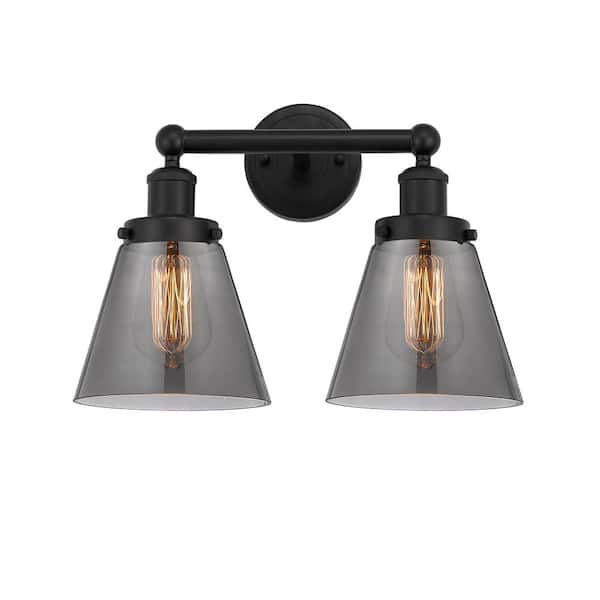 Cone 15.5 in. 2-Light Matte Black Vanity Light with Black Glass Shade
