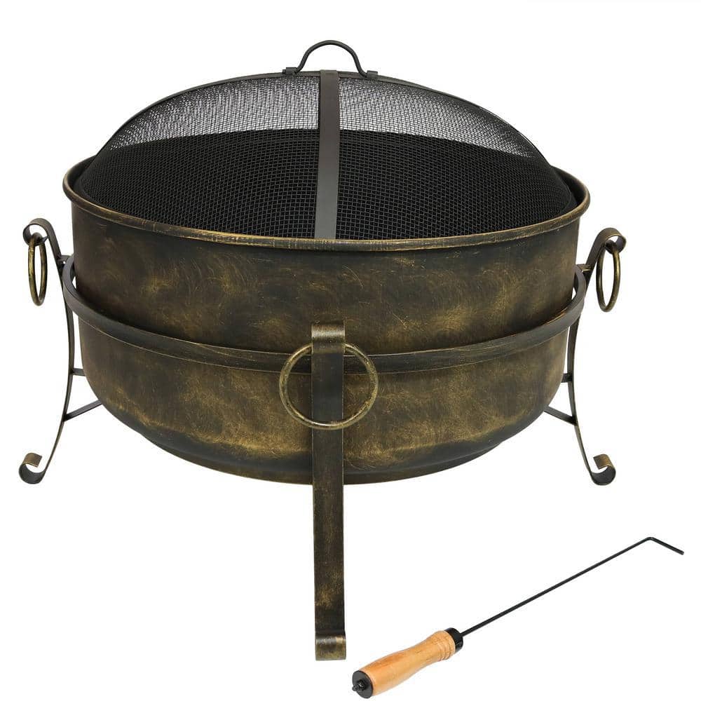 24-Inch Dark Bronze Steel Cauldron Fire Pit with Spark Screen
