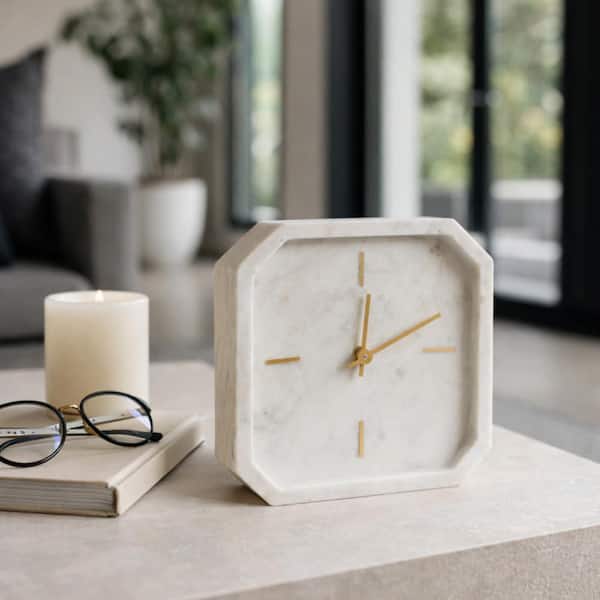 Ivory Marble 8.25 in. H Modern Octagon Clock