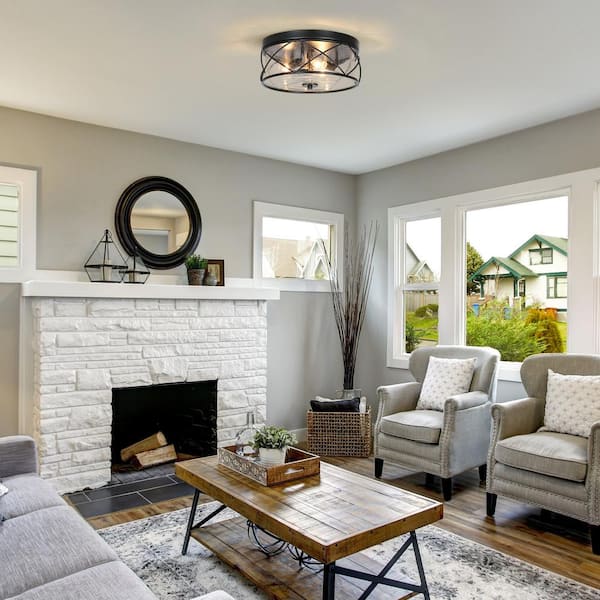 13 in. 3-Light Black Modern Farmhouse Foyer Flush Mount with Clear Seeded Glass Shade Classic Circle Ceiling Light