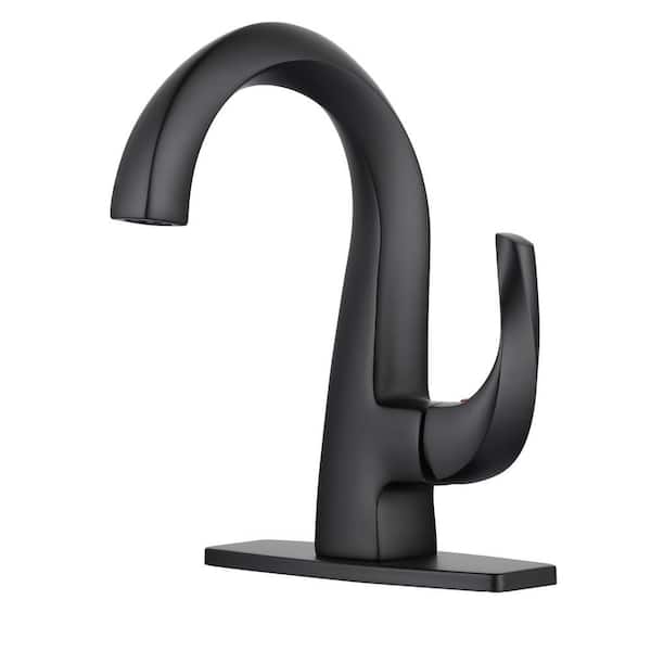 Single Handle Single Hole Brass Bathroom Sink Faucet with Deck Plate and Pop-Up Drain in Matte Black