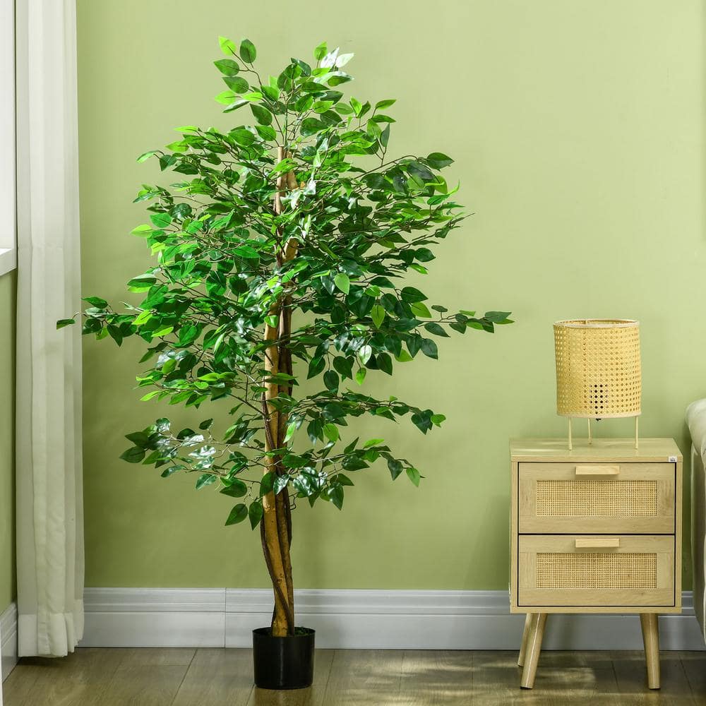 59'' Green Plastic Potted Artificial Ficus Tree for Indoor Outdoor