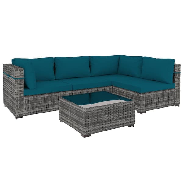 PATIOGUARDER 5-Piece Gray Wicker Patio Conversation Set with Lake Blue Cushions and Coffee Table