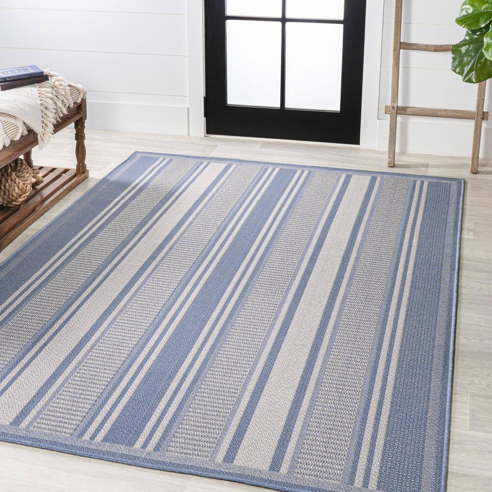 Modern Double Stripe Blue/Light Gray 3'x5' Synthetic Indoor/Outdoor Rug