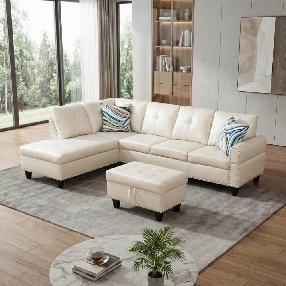 White Faux Leather Sectional with Storage Ottoman,Left Hand Facing price history on PriceWatchPro