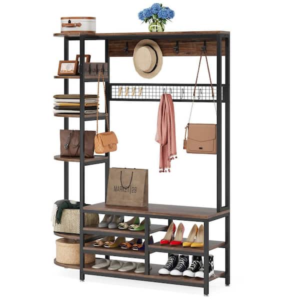Hall Tree with Shoe Storage Bench, Coat Rack with 7 Hooks,Interchangeable 4 Tier Side Storage Shelves, Small Cute Side Bench,Industrial 5-in-1