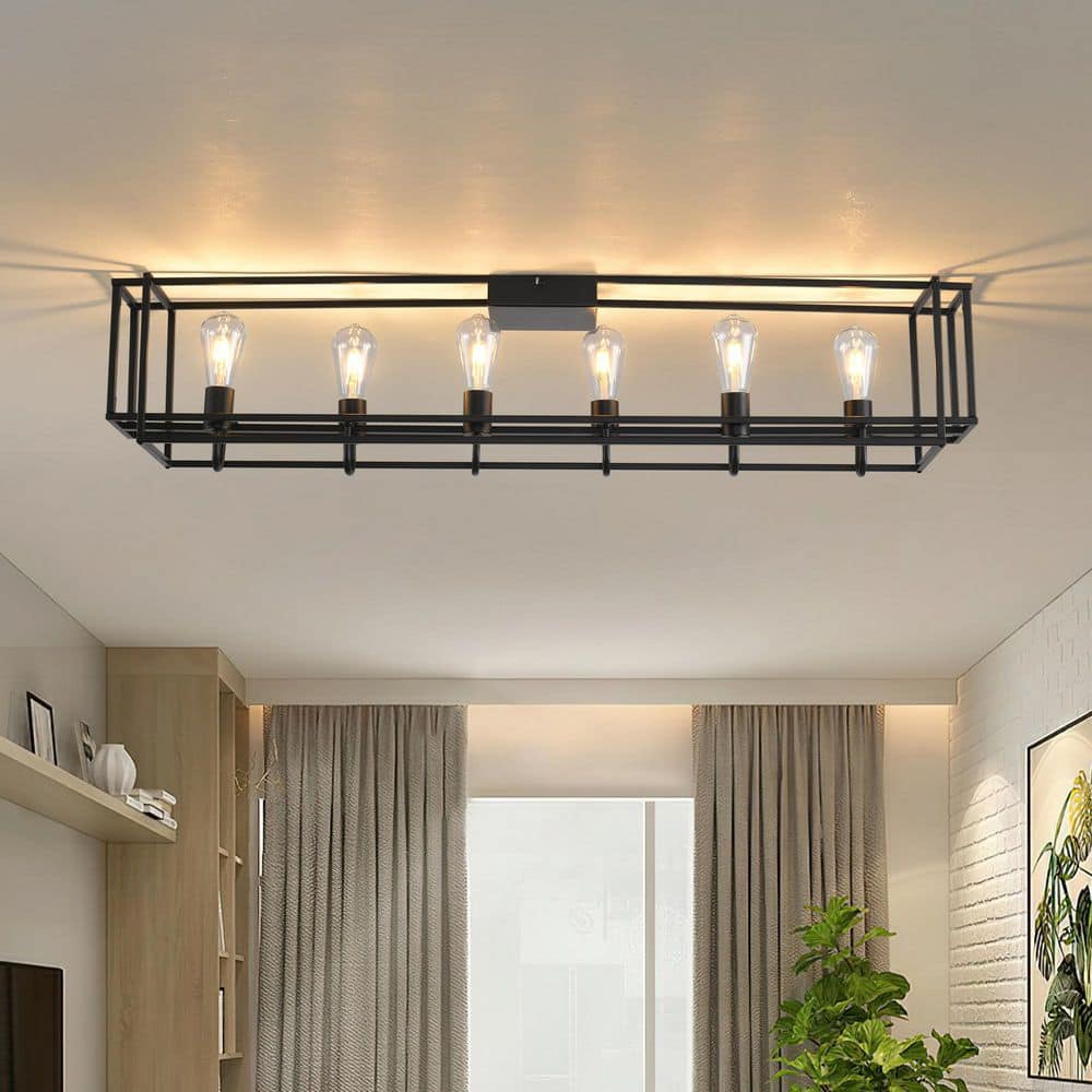 47.24 in. 6-Light Modern Polished Black Dimmable Flush Mount for Dining Room Kitchen Bedroom Foyer, No Bulbs Included price history on PriceWatchPro