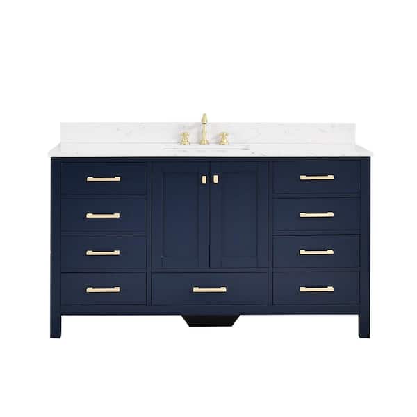 Enliven 60 in. Single Sink Freestanding Navy Blue Bath Vanity with White Engineered Stone Top