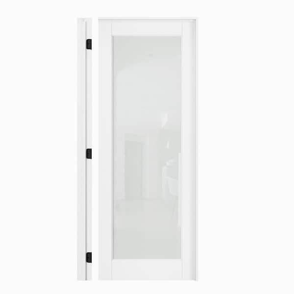 30 in. x 80 in. 1-Lite Frosted Glass Left Hand White Solid Core Glass Single Prehung Interior Door+ Quick Assemble Jamb