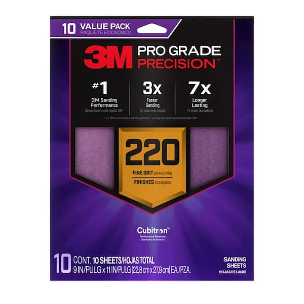 Pro Grade Precision 9 in. x 11 in. 220 Grit Faster Sanding Sheets with No-Slip Grip Backing (10-Pack)