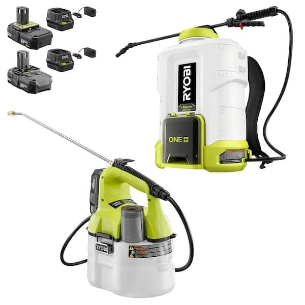 RYOBI ONE+ 18V Cordless Battery 4 Gal. Backpack and 1 Gal. Handheld Chemical Sprayers with 2.0 Ah, 1.3 Ah Battery and Charger