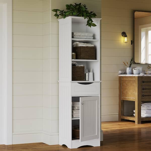 Ashland 16.5 in. W x 13 in D x 60 in. H White Linen Cabinet Tall Bathroom Storage Organizer with Drawer and Shelves