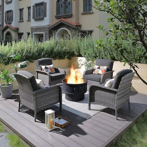 Denali Gray 5-Piece Wicker Modern Outdoor Patio Conversation Chair Set with a Wood-Burning Fire Pit and Black Cushions