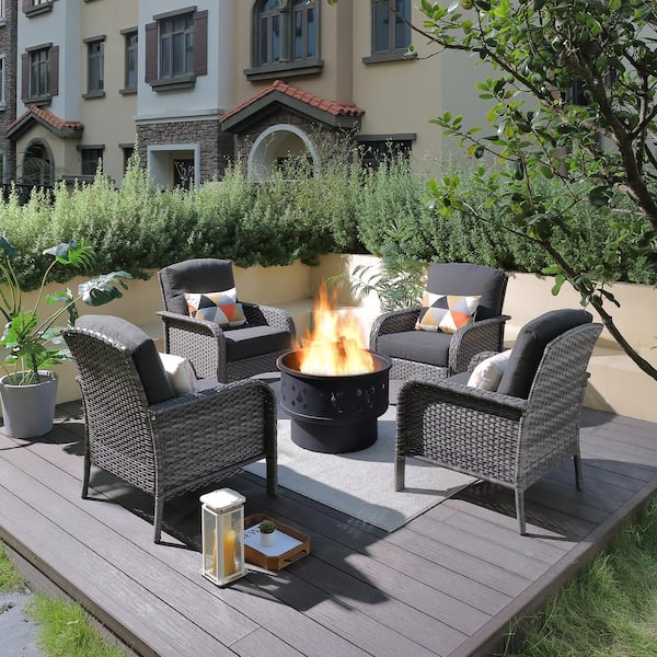 Toject Denali Gray 5-Piece Wicker Modern Outdoor Patio Conversation Chair Set with a Wood-Burning Fire Pit and Black Cushions