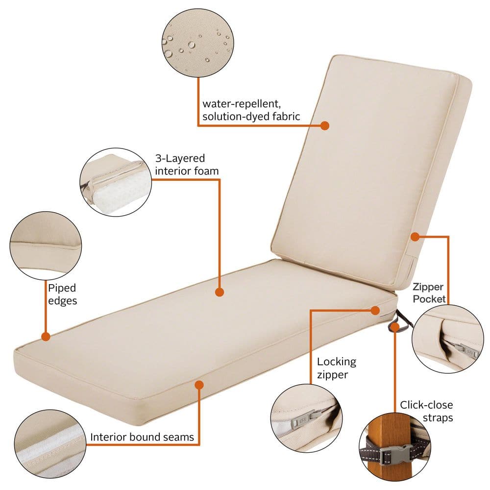 Antique Beige Water-Repellent Outdoor Chaise Lounge Cushion, 72 x 21