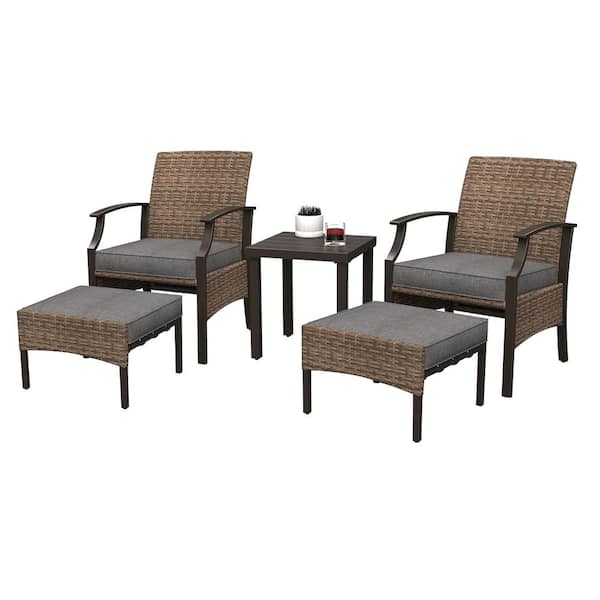 Clihome 5-Piece Patio Dining Set Outdoor Wicker Furniture Set with Coffee Table, Ottoman, Dark Grey Cushions