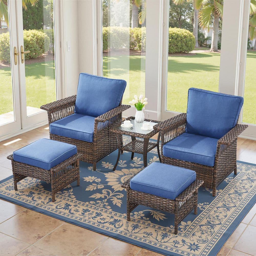 GliderNet Brown 5-Piece Wicker Armchairs Patio Conversation Set with 3.5 in. Thick Navy Blue Cushions and Ottomans price history on PriceWatchPro