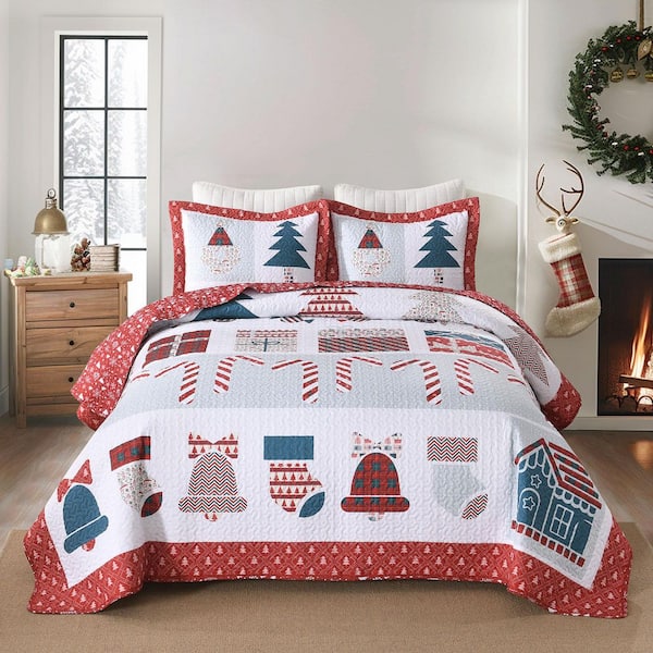 BY214 Red Candy cane King Size Polyester Quilt Bedspreads Set
