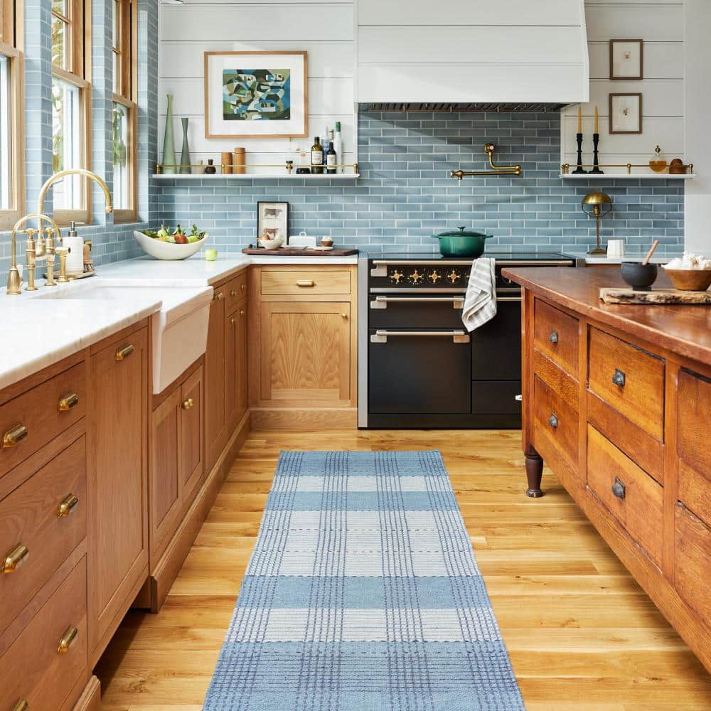Blue Plaid Handmade Wool Rectangular Area Rug 8' x 10'