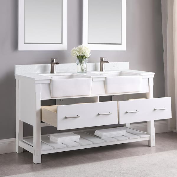 Altair - Georgia 42 Single Bathroom Vanity Set in Jewelry Blue and Composite Carrara White Stone Top with White Farmhouse Basin Without Mirror | 5370