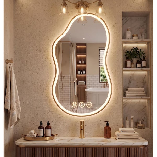 26 in. W x 46 in. H Irregular Gold Framed Anti-Fog 3-Colors Dimmable LED Light Wall Bathroom Vanity Mirror with Memory