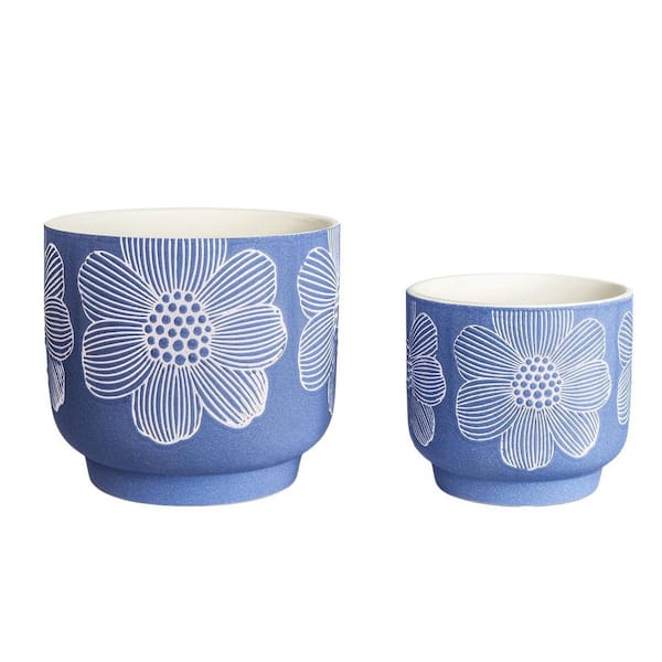 Blue Sand Glazed Ceramic Planter with Drainage Hole for Indoor Plants (2-Pack)